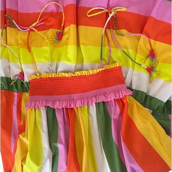 Farm Rio Rainbow Stripe Smocked Tie Strap Tiered Midi Dress Size S Designer - Picture 2 of 16